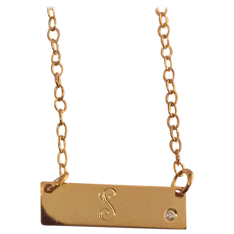 The "Signature Script Name" Collection:  Mini Script Initial bar necklace with offset diamond